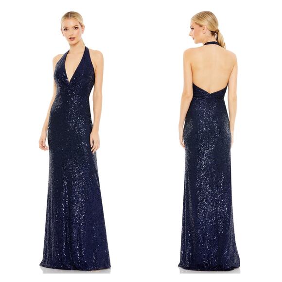 Mac Duggal Navy Sequin Halter Strap Plunge V Neck Gown Size 14 $348 Formal 11277 - Picture 1 of 11